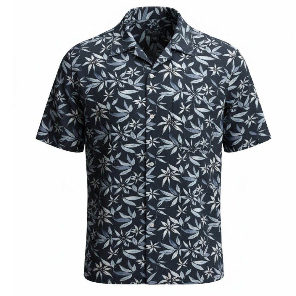 Brooks Brothers Blue Floral Leaf Print Cotton Short Sleeve Camp Shirt Tropical